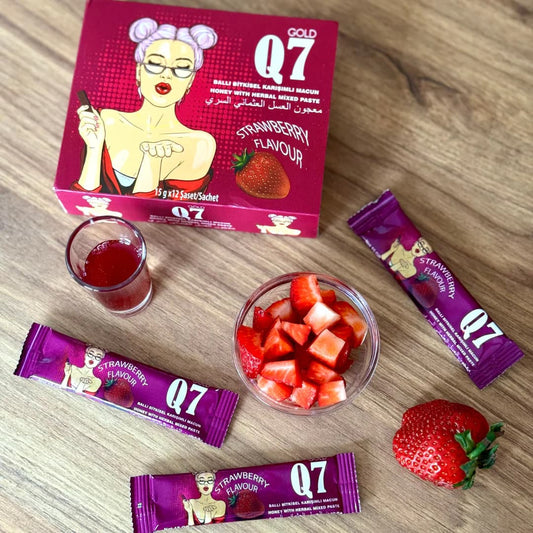 Q7 Gold Strawberry – натурален турски билков маджун с вкус на ягода, сашета и мед