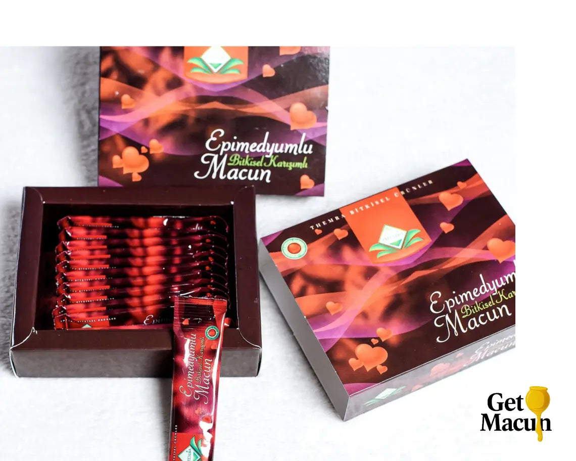 Кутия с Epimedium Macun – билков маджун на сашета, показана отворена с индивидуално опаковани дози и оригинална опаковка.