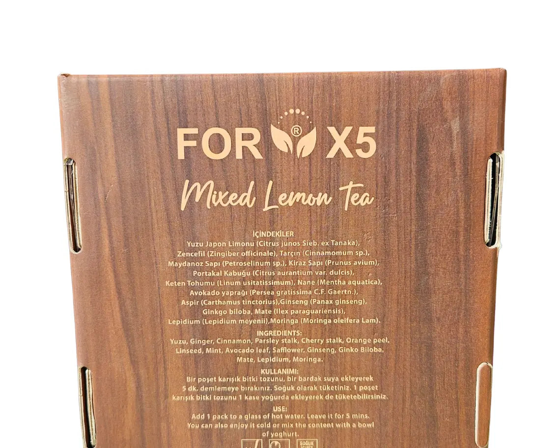 Detox For X5 Билкова детоксикираща напитка с вкус на лимон - 30 сашета, Mixed Lemon Tea packaging details.