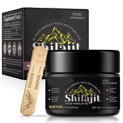 Shilajit от Хималаите – натурална хранителна добавка с 85+ минерала, лъжичка и кутия 60 g